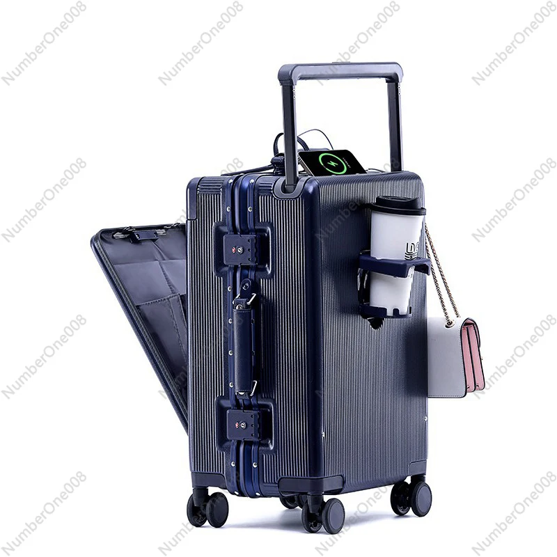Aluminum Frame Carry On Luggage 20 Inch, Wide Body Trolley Case with Cup Holder, Lightweight Boarding Suitcase for Travel