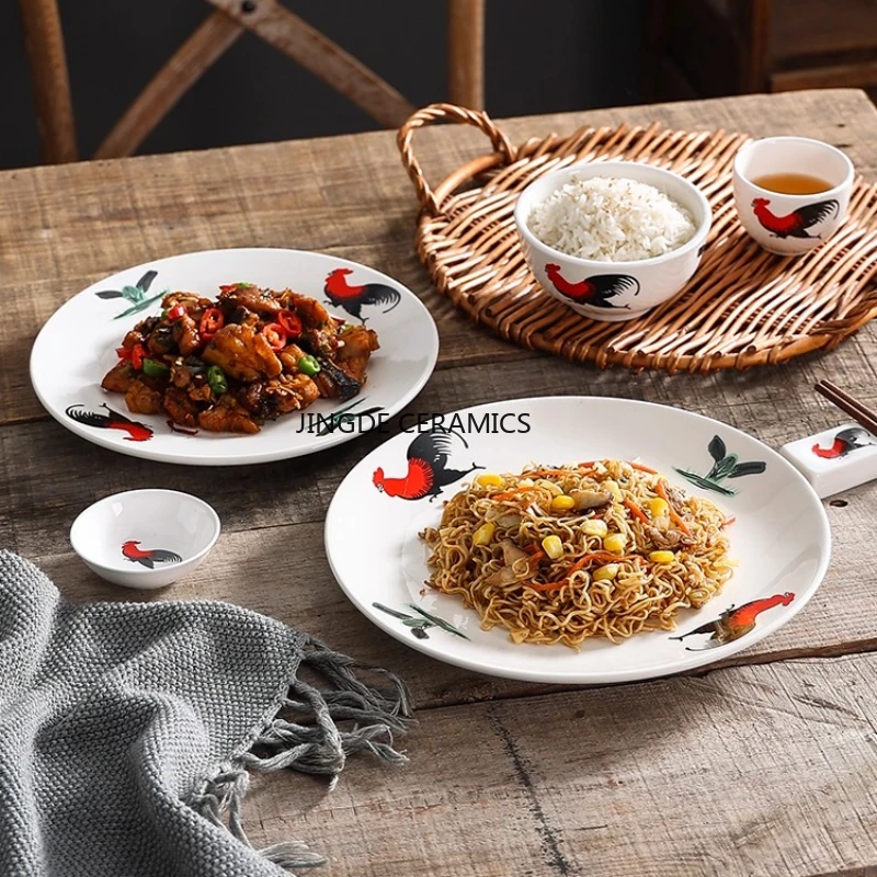 Ceramic Circular Plate Rooster Pattern Self-service Plate Restaurant Bone Plate Chinese Style Kitchen Utensils Stir Fry Dish