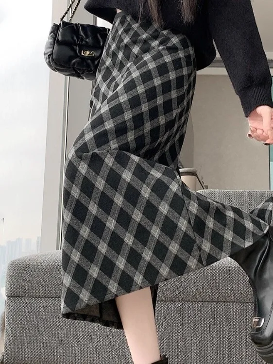 

Retro Korean Plaid High Waist Slim Fit Woolen A-Line Skirt Women's Autumn Winter Slimming Long Skirt Ci Commute
