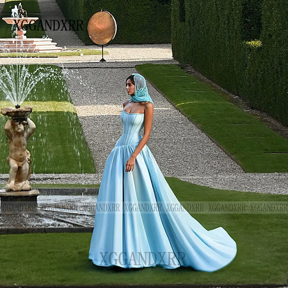 Elegant Sky Blue A Line Prom Dress 2026 Sexy Strapless Boned Satin Skirt Long Evening Party Gown Saudi Arab Woman Formal Wear