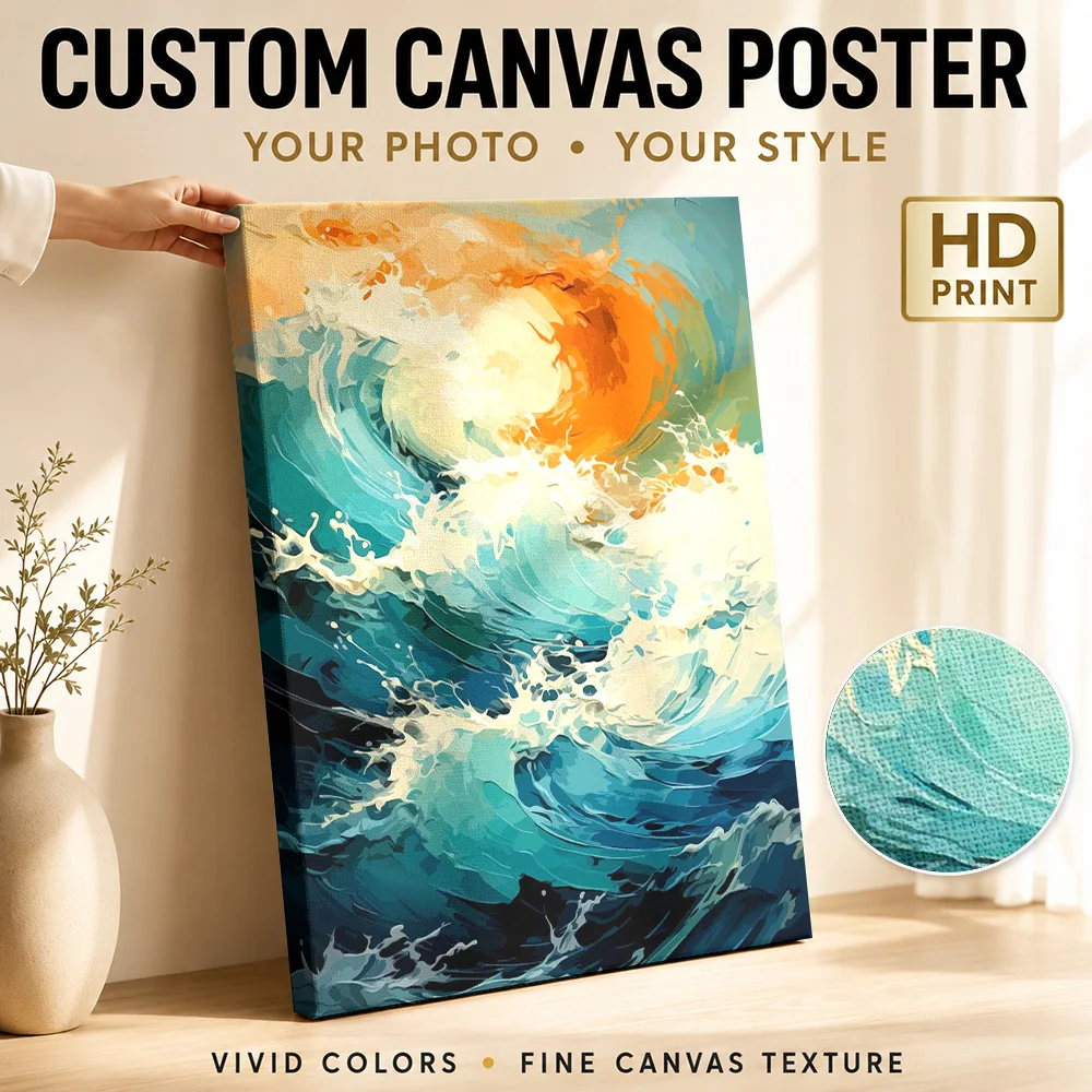 Curling Ocean Wave In Golden Light Canvas Print Customized Photo Painterly Wall Art For Coastal Cottage Lounge, Beach Lover Gift