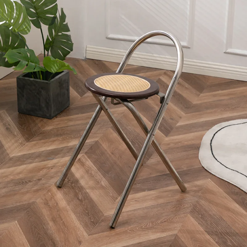 

Simple photo folding chair rattan back chair household folding stool medieval wabi sabi stainless steel dining chair