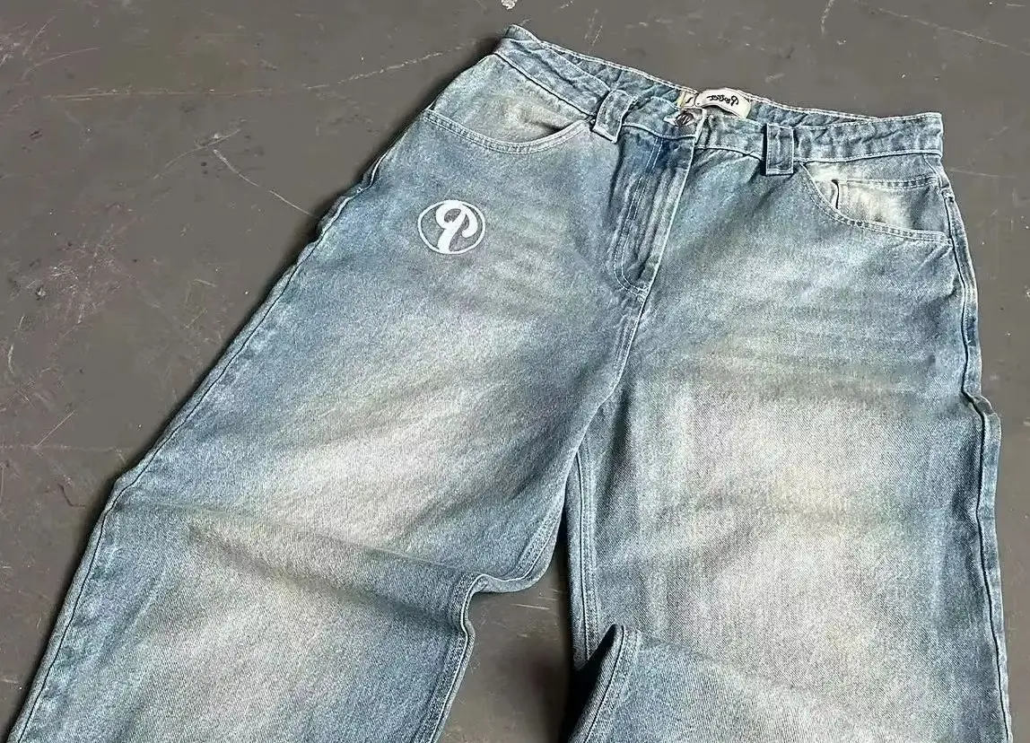 

Уличная одежда, джинсы Y2K, мужские джинсы в стиле Харадзюку, хип-хоп, с вышивкой букв, винтажные синие мешковатые брюки, широкие брюки с высокой талией