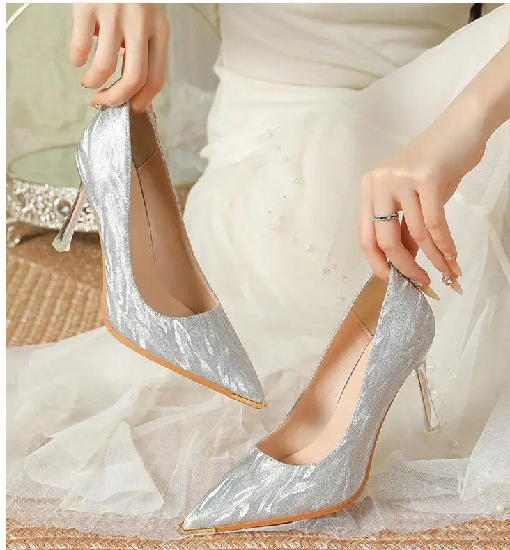 Size 31-43 Stiletto Heel Pointed Toe Metal Toe High Heels Women Gold Silver Work Shoes Thin Heel Wedding Shoes