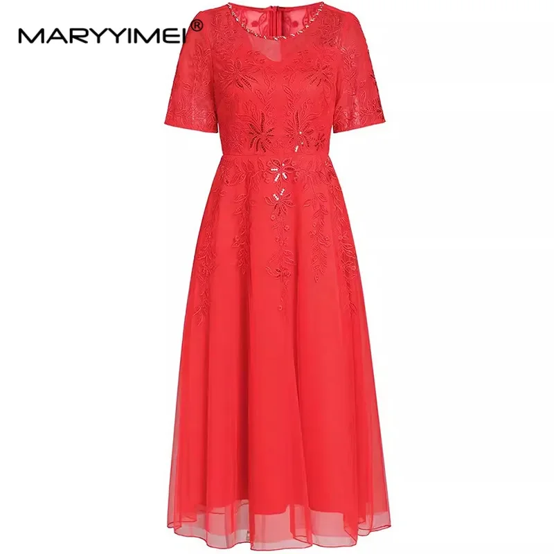 

MARYYIMEI Fashion Design Spring Summer Women's Short-Sleeved Mesh Embroidery Splicing High Street Pretty Slim Dresses