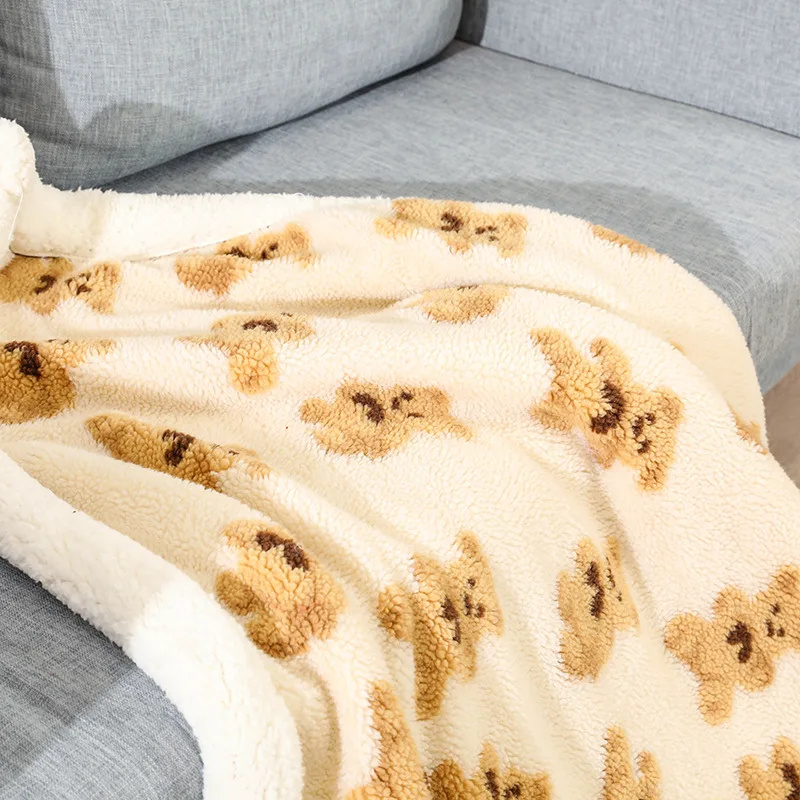 Granular Cashmere Teddy Bear Printed Blanket Lamb Wool Double-layer Warm Cover Quilt Thickened Sofa Blanket Four Season Use