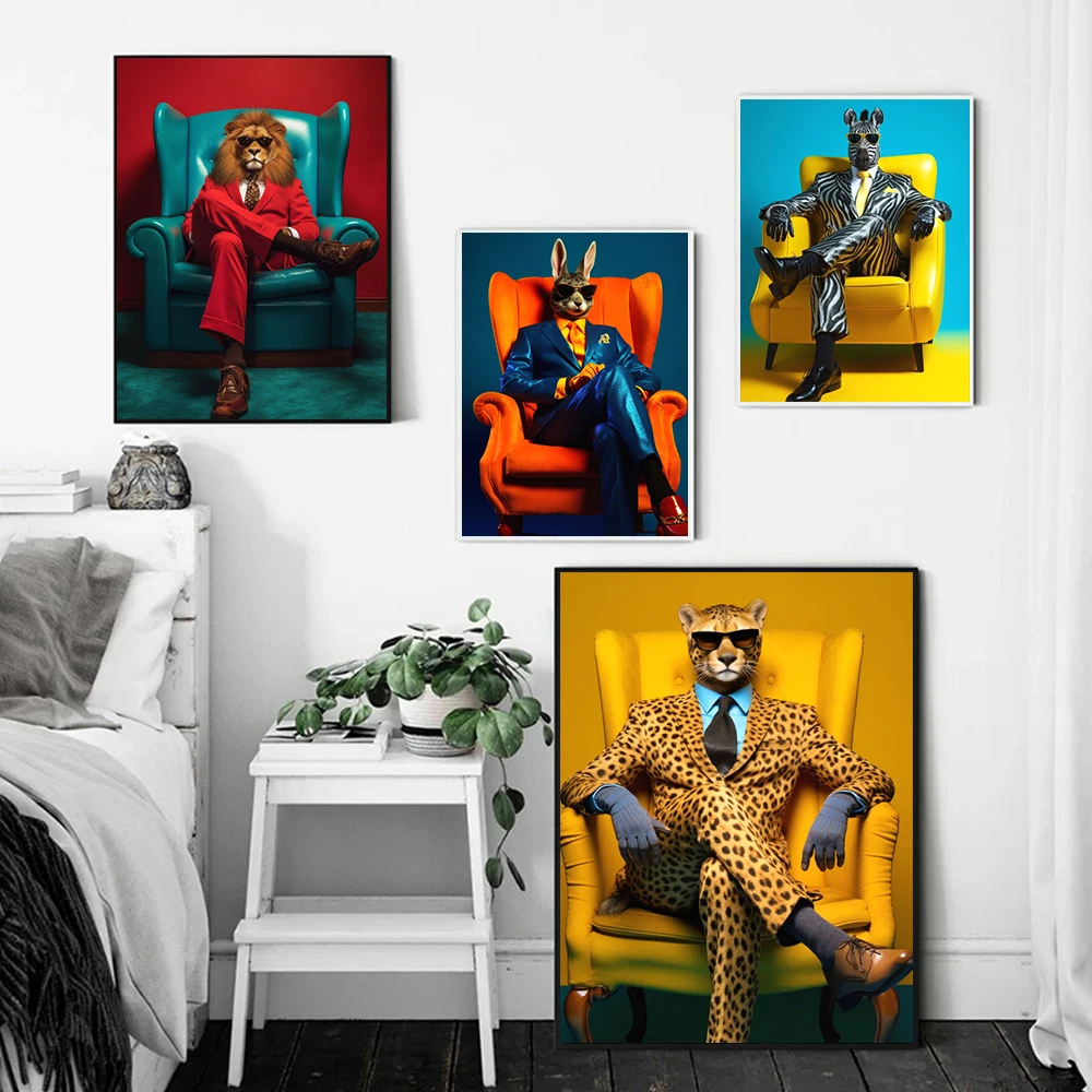 Elegant Lion In Suit Wall Art Posters Prints Wearing Sunglasses Cool Gorilla Cheetah Zebra Modern Pop Canvas Painting Home Decor