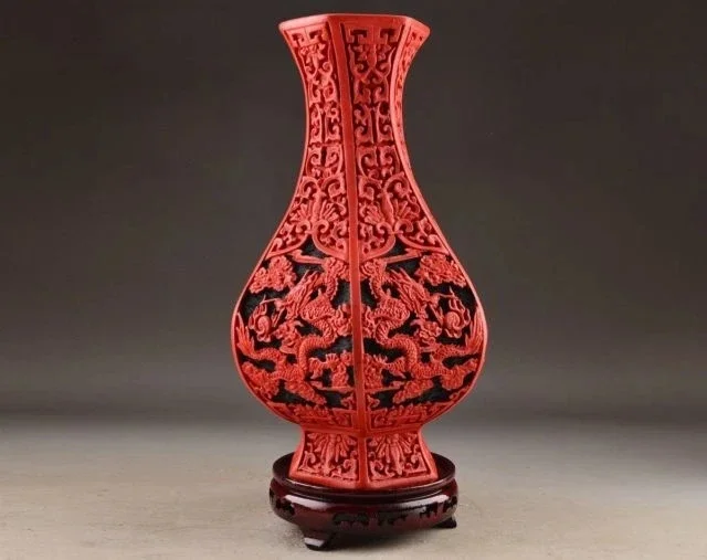 SUPERB CHINESE OLD HANDWORK WONDERFUL LACQUER CARVING DRAGON VASE COLLECTIBLES