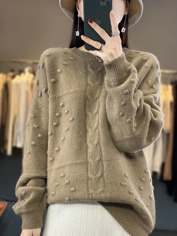 Addonee New Women Sweater High Quality 100% Merino Wool Twist Flower O-Neck Pullover Cashmere Knitted Winter Female Dress Tops