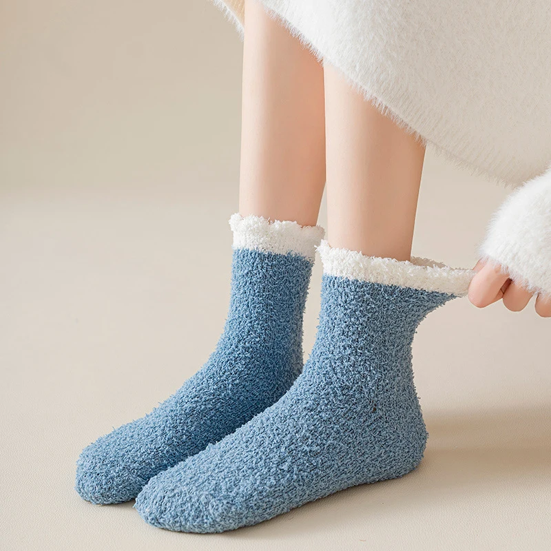 Women Winter Warm Fluffy Socks Thick Cute Thermal Soft Fluffy Indoor Floor Wear Non-Slip Sleep Solid Color Novelty Comfy Socks