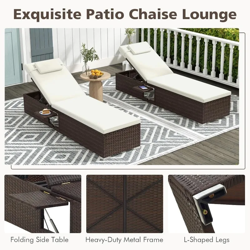 Patio Chaise Lounge Set of 2, Outdoor Rattan Lounge Chair with 6-Level Backrest, Comfy Seat Cushion & Headrest, beach chair