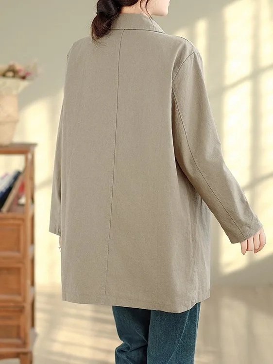 Casual Long Sve Pure Color Windbreaker Double ket Single Button Turn-down Collar Loose Fit Autumn Outerwear for plus Si...