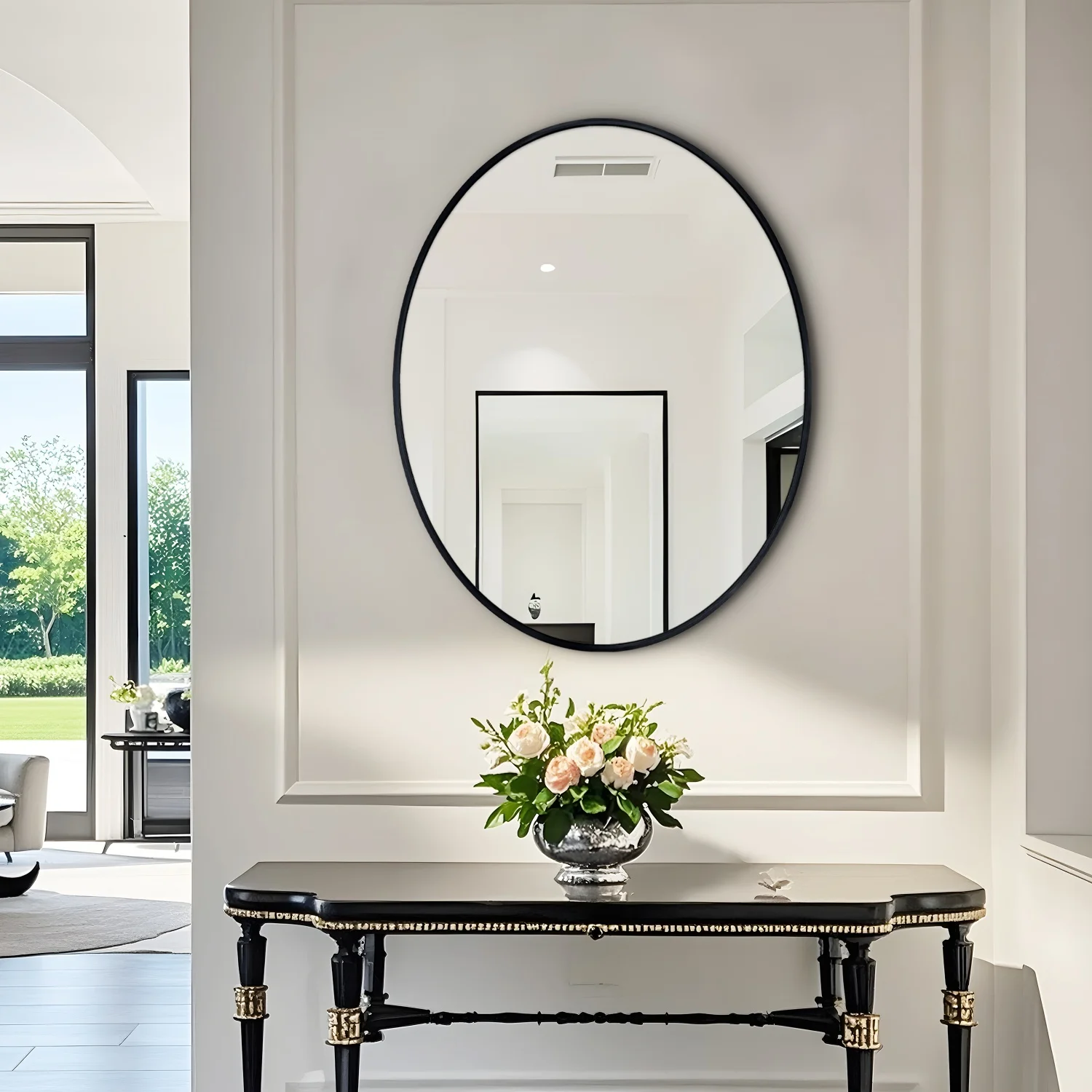 80/90cm Matte Black Oval Mirror for Bathroom Making Shaving Metal Frame Wall Mounted Mirror Home Decorative