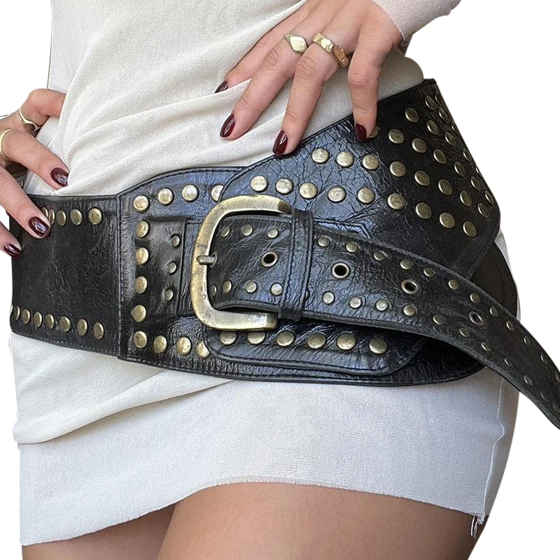 Rivet Studded Belt Punk Style Wide Belt Women Corset Decorative Waistband Fashion Pu Leather Adjustable Wide Waist Belts New
