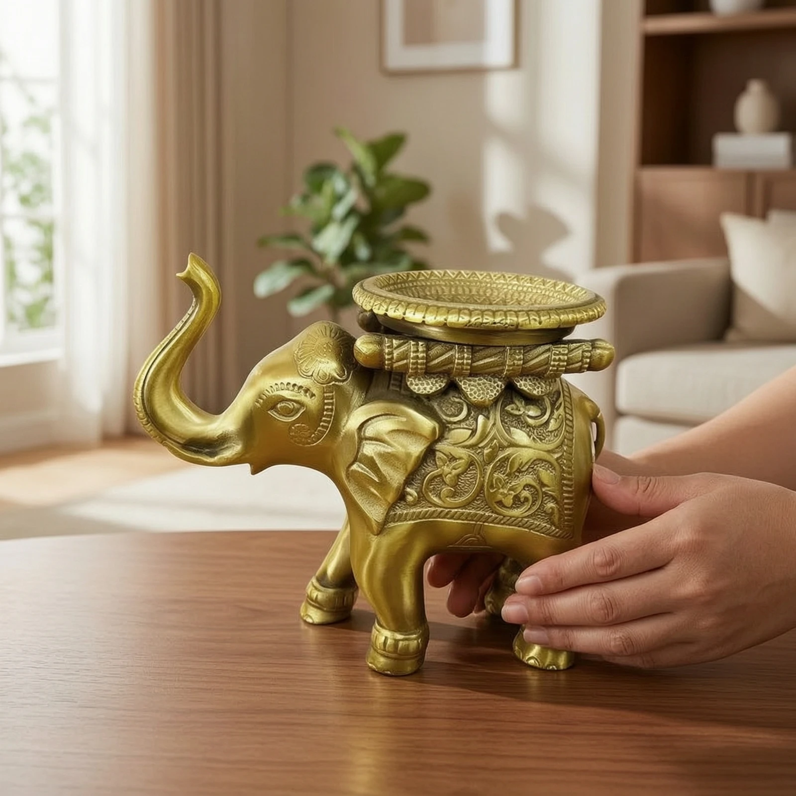 Brass Elephant Holder Ornate Elephant Candle Holder Sculpture Embossed Decorative for Decorators, Living Room, Altar