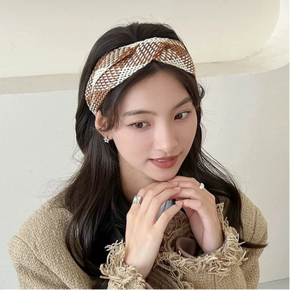 Fashion Cross Knotted Straw Weaving Women Girls Headband Hand-woven Wide-brimmed Handmade Hair Hoop Headwear Hair Accessories