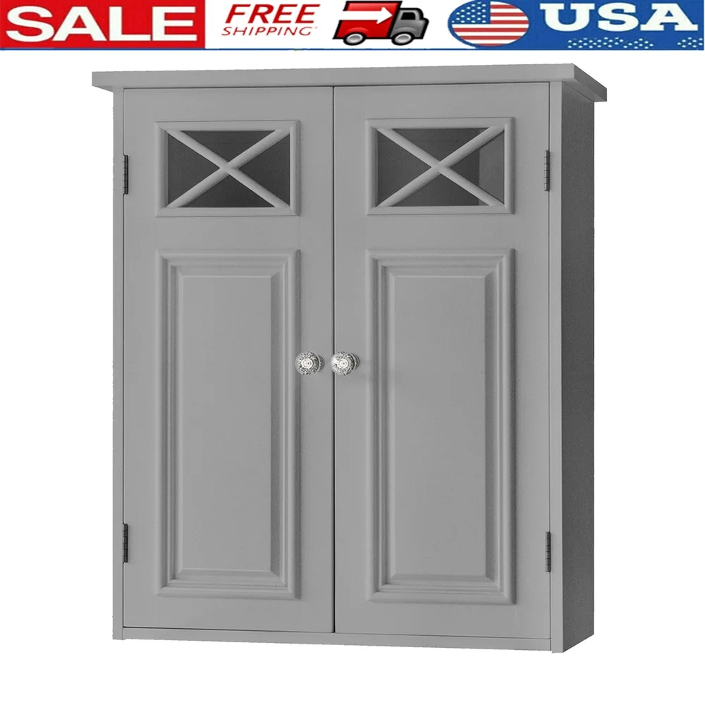 

Contemporary Wooden Wall Cabinet with Adjustable Shelf Two Doors Storage Solution Bathroom Living Room Gray Finish 7x20x24