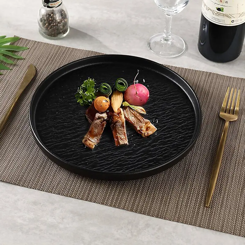 

Western Plates Ceramic Dishe Round Western Steak Tray Stone Rexture Porcelain Serving Plate Snack Cake Dessert Deep Dinner Plate