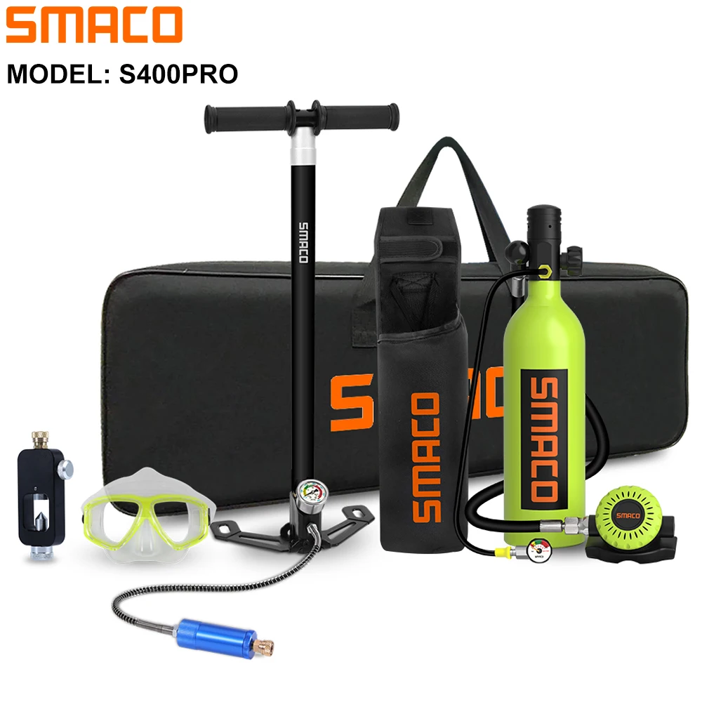 

SMACO S400Pro 1L Mini Scuba Diving Tank Oxygen Diving Cylinder Respirator Scuba Diving Equipment Set Water Sport with Hand Pump