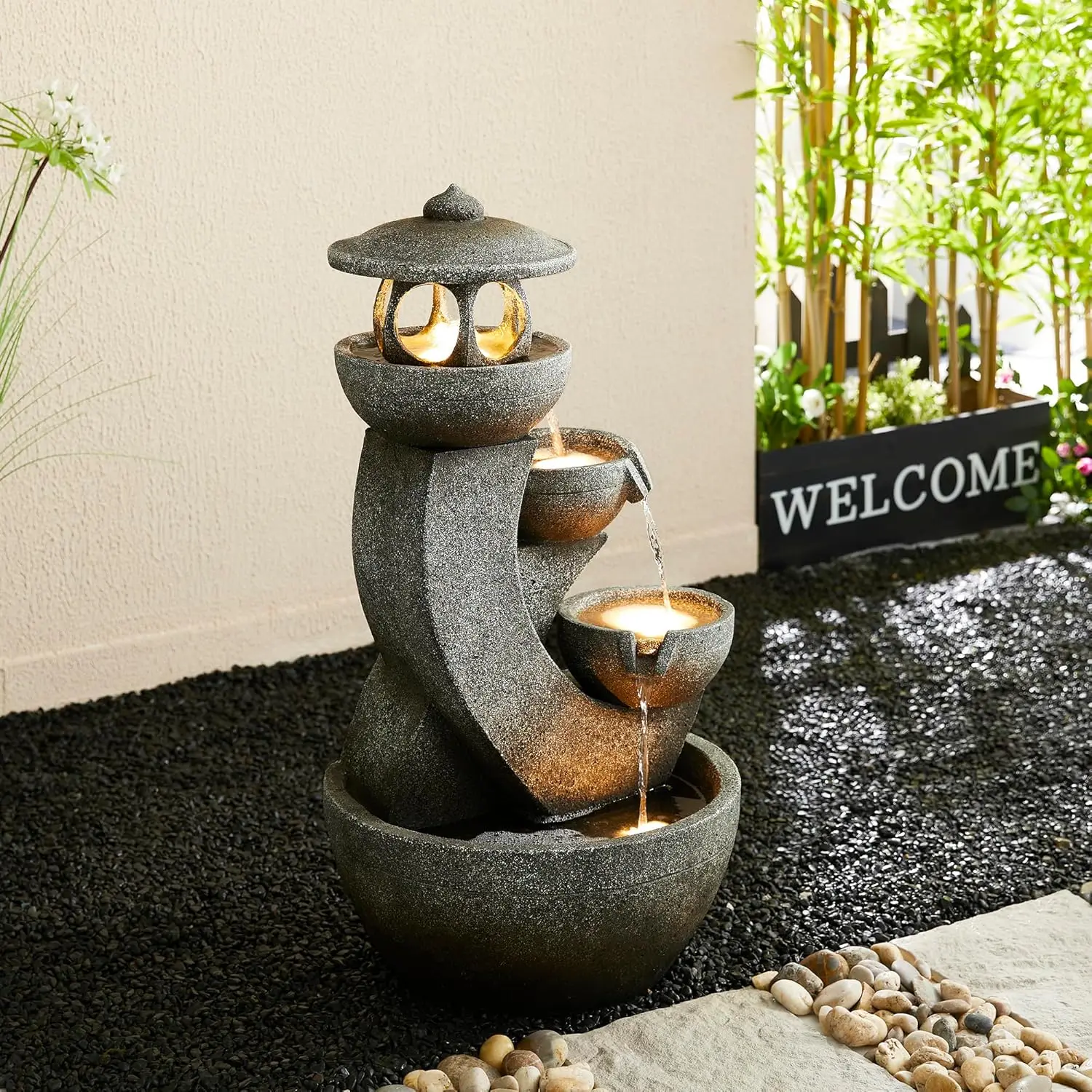 

Pagoda Outdoor Water Fountain with LED Light, 4-Tier Oversized Cascading Stacked Stone Waterfall Fountains, Natural Stone Look O