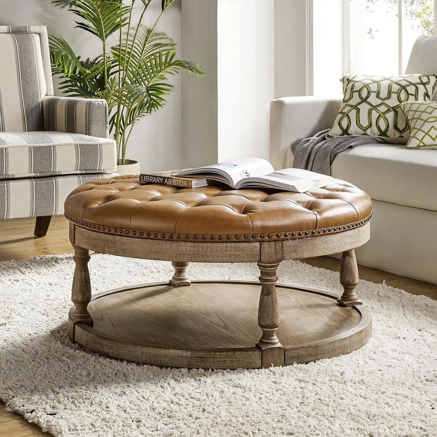 

Кофейный столик-пуф из искусственной кожи для гостиной, большой круглый с пуговицами, с обивкой, с отсеком для хранения, на заказ