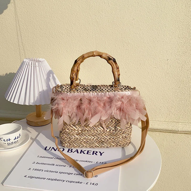 Handmade Straw Woven Totes for Women Trend Hollow Out Beach Purse with Feathers Wood Handle Niche Travel Bucket Bags