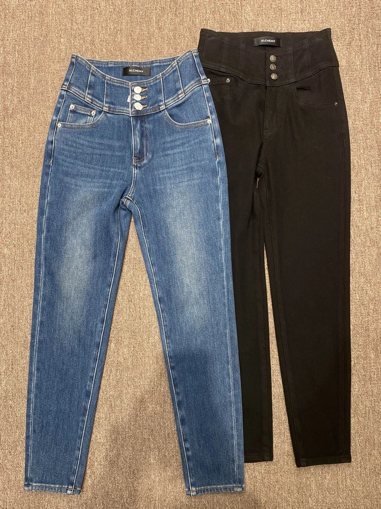 

Джинсы-клеш с высокой талией и V-образным вырезом, на пуговицах, с флисовой подкладкой, эластичным поясом, черные, из денима, с функцией сохранения тепла