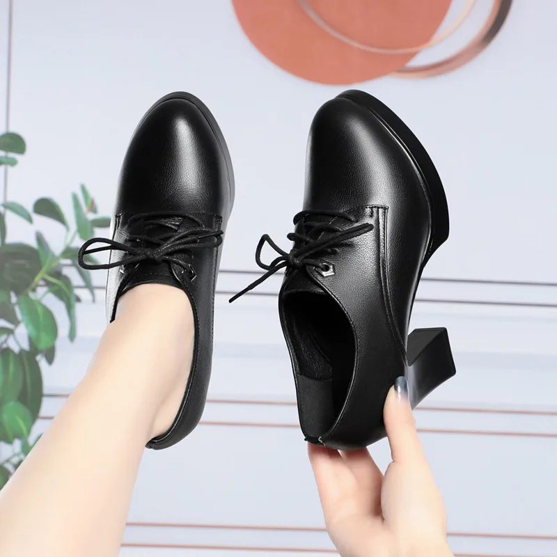 

Женские туфли на высоком каблуке из натуральной кожи с круглым носком и глубоким вырезом без шнуровки, весна-осень, офисные туфли на высоком каблуке