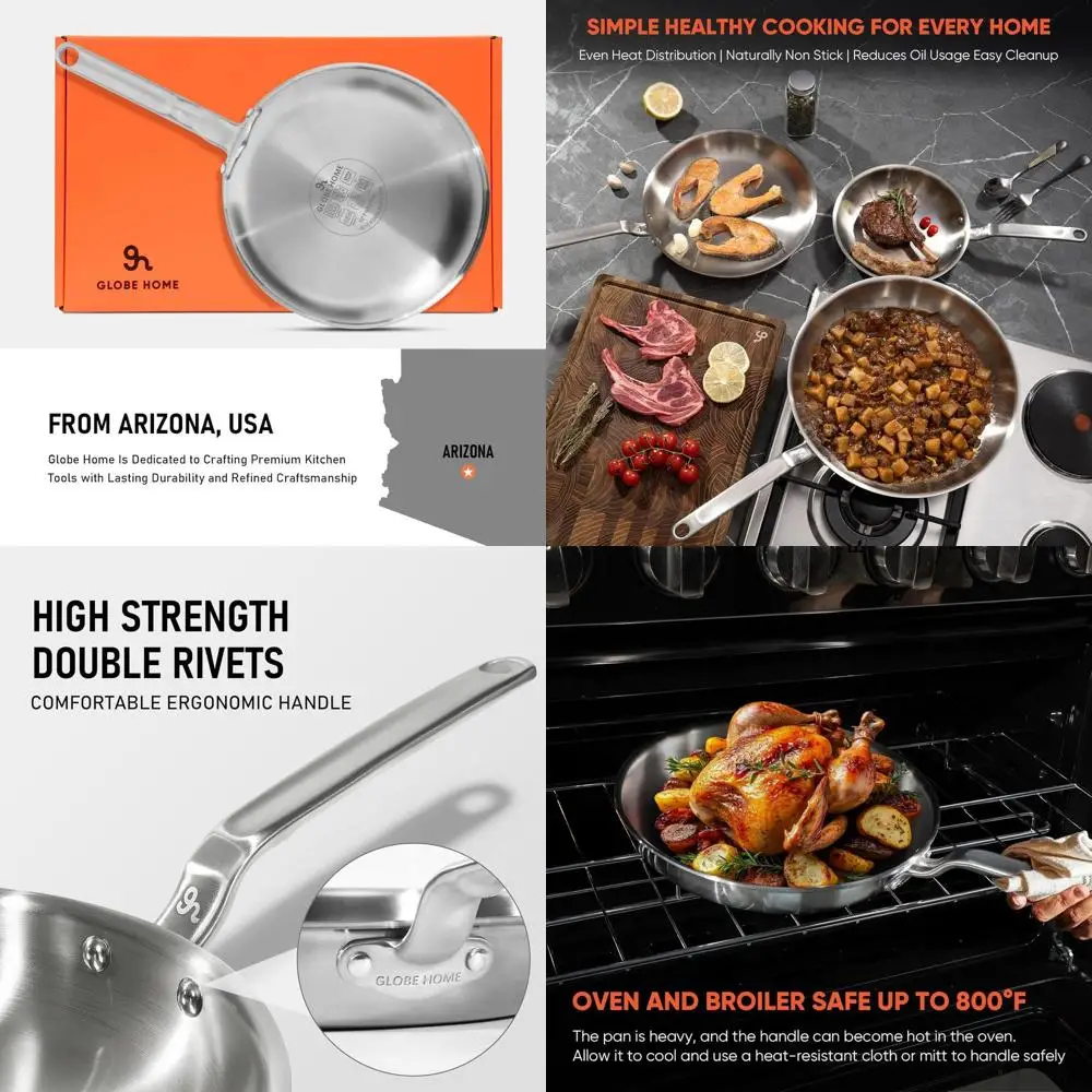 

10-дюймовая 5-слойная сковорода из нержавеющей стали с алюминиевым сердечником для выравнивания нагрева, подходит для всех плит, духов и в посудомоечной машине