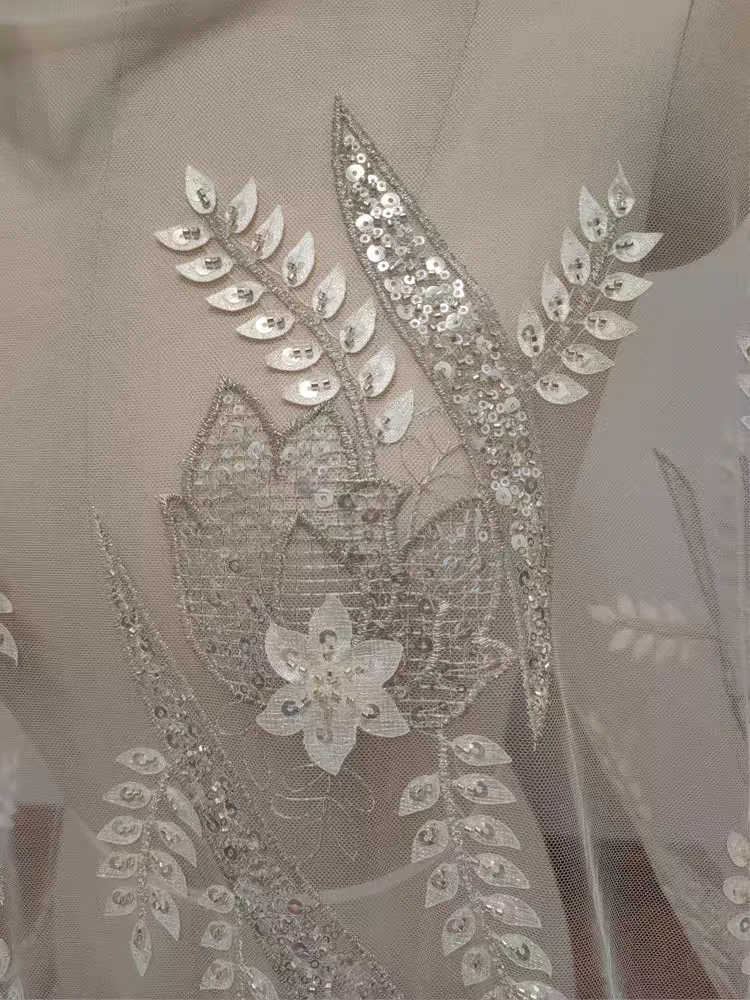 Beautiful Floral Leaf Pattern Lace With Shining Sequins and Handbeaded Wedding Dress Embroidered Lace Fabric