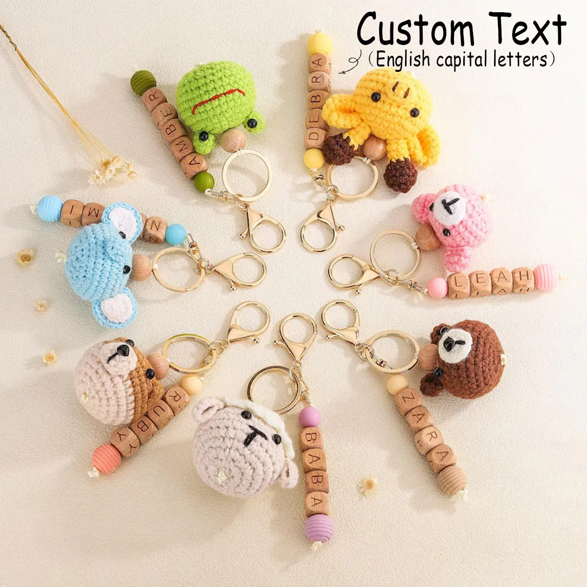 1 Stück personalisierter Schlüsselanhänger aus gehäkelter Wolle mit Tierperlen, individueller Namens-Taschenanhänger, Namensschild, Weihnachtsgeschenk, Weihnachtsgeschenk