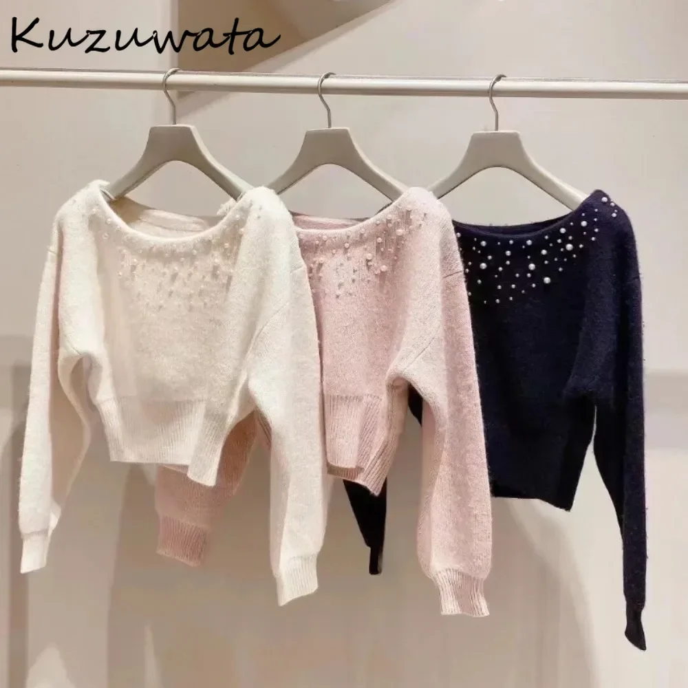 Kuzuwata-Pull à col slash avancé pour fille, manches chauve-souris, pull en tricot solide japonais, perles, bricolage, Y