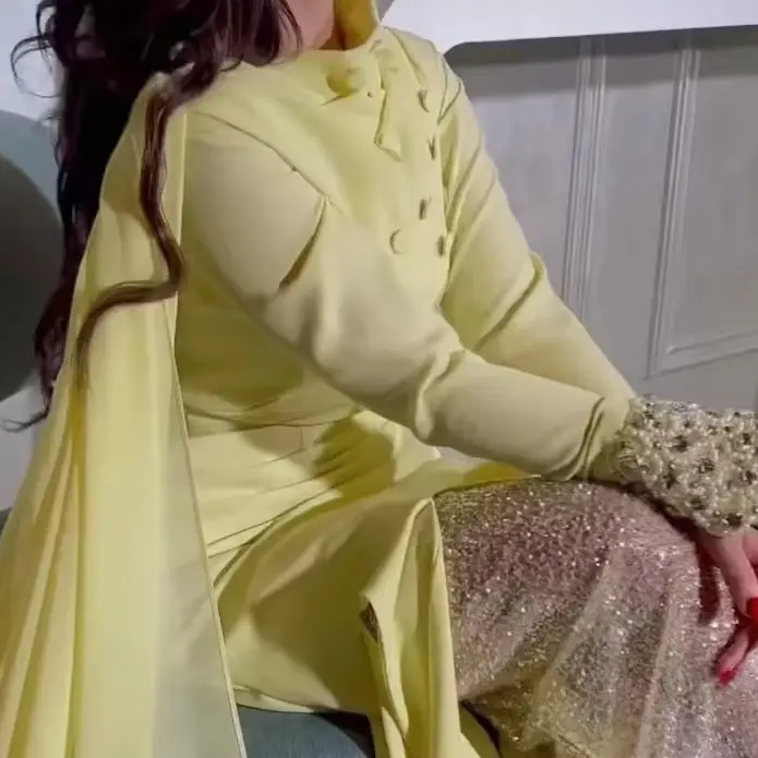 Arabia Evening Dresses Beads Long Sleeves Customized Sharon Dress Prom Dresses 2025 New Hemline Design Cuff Stitching