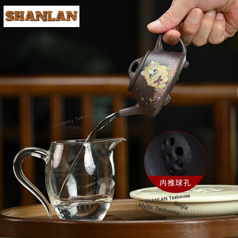 150 مللي أباريق الشاي العتيقة ييشينغ الأرجواني الطين اليدوية رسمت القط حجر مغرفة وعاء الخام خام الطين غلاية مع مصفاة طقم شاي Zisha تشا #6