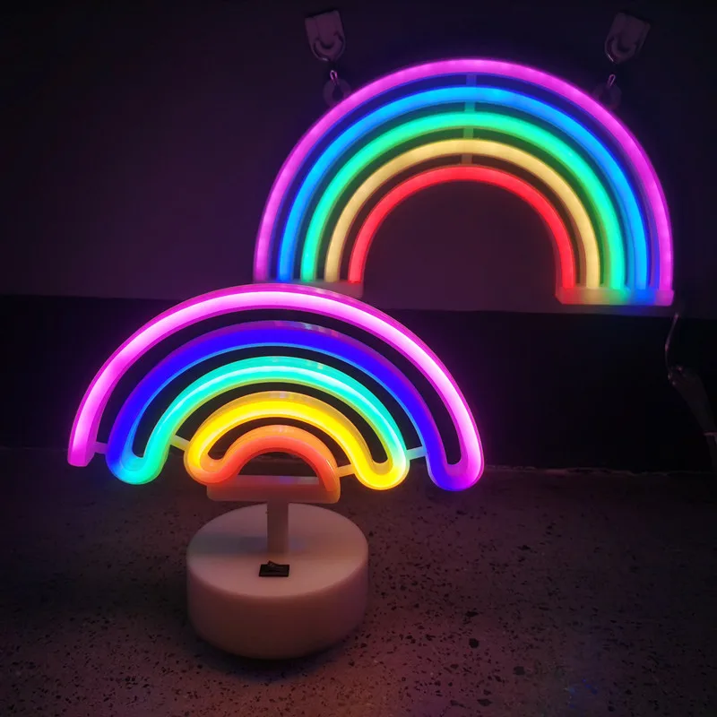 Bateria ou USB Powered LED Rainbow Neon Light, Lâmpada de néon colorida com base de suporte, Nightlight decorativo para quarto do casamento