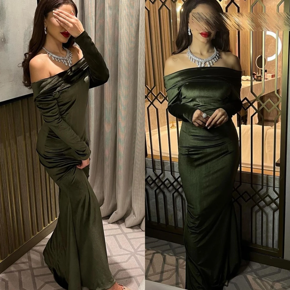 

Mesprit Simple Fashion Off-the-shoulder Sheath Evening Dresses Hugging Fold Anke Length Satin Custom Dress