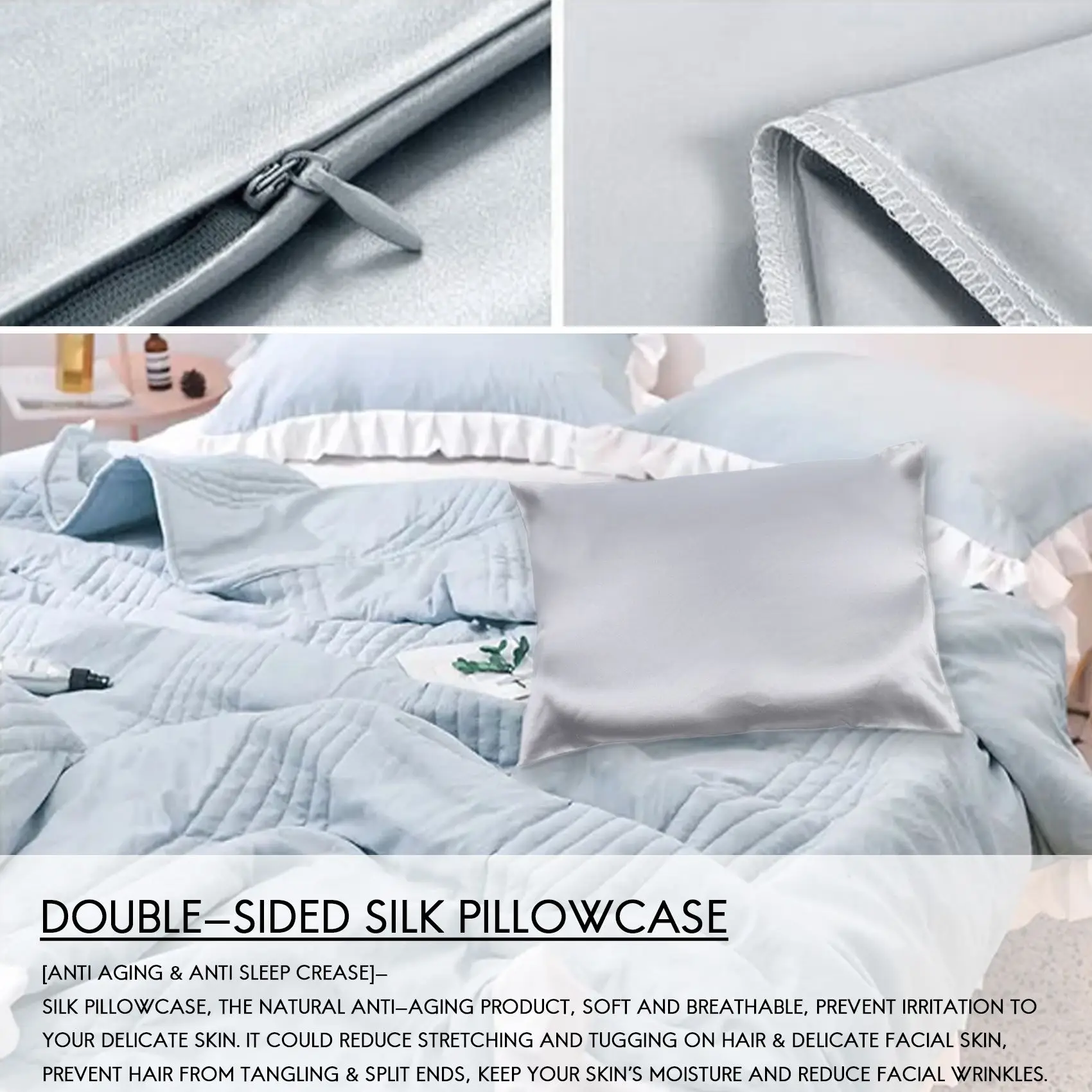 AC23-Both Sides Natural Pure Mulberry Silk Pillowcase For Hair And Skin, 600 Thread Count 50X75cm-Silver Gray