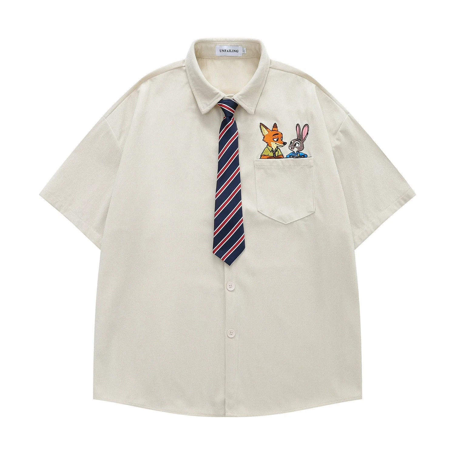 Cartoon Embroidery Short Sleeve Corduroy Shirt Mens Summer Retro Casual Spliced Lapel Loose Half-Sleeve Cotton Checked Shirt Man