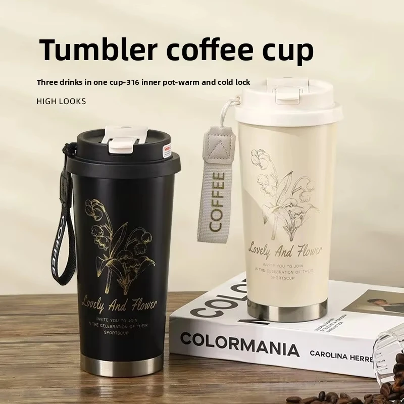 

500ml Stainless Steel Thermos Coffee Cup Office Leak-Proof Thermal Mug Portable Dual-Drink Water Bottle Straw Gift Travel Cup