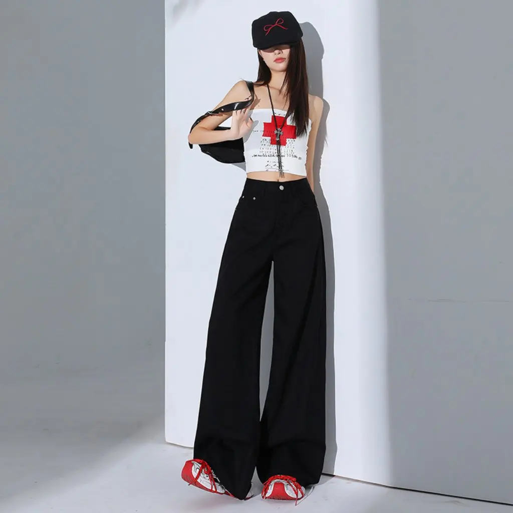 

Женские джинсы, летние тонкие прямые широкие брюки, черные брюки из ледяного шелка, узкая версия, новый стиль