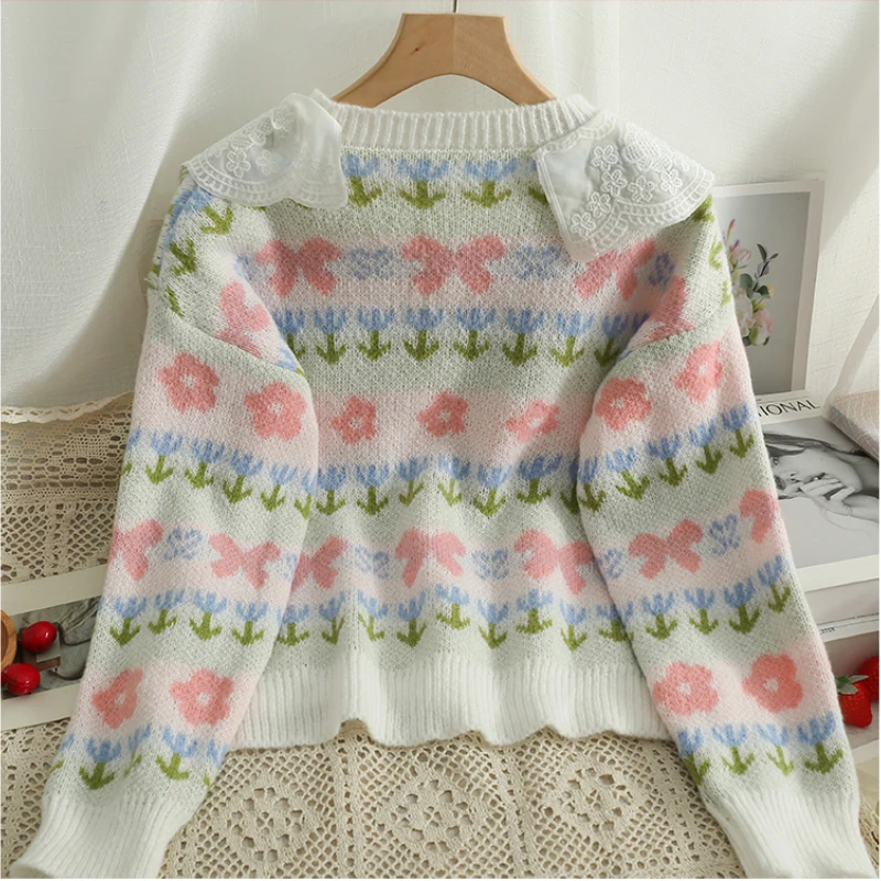 Autumn Winter Women Sweaters Japanese Style Sweet Lace Ruffles Peter Pan Collar Lolita Cardigans Chic Floral Chaqueta Mujer Tops