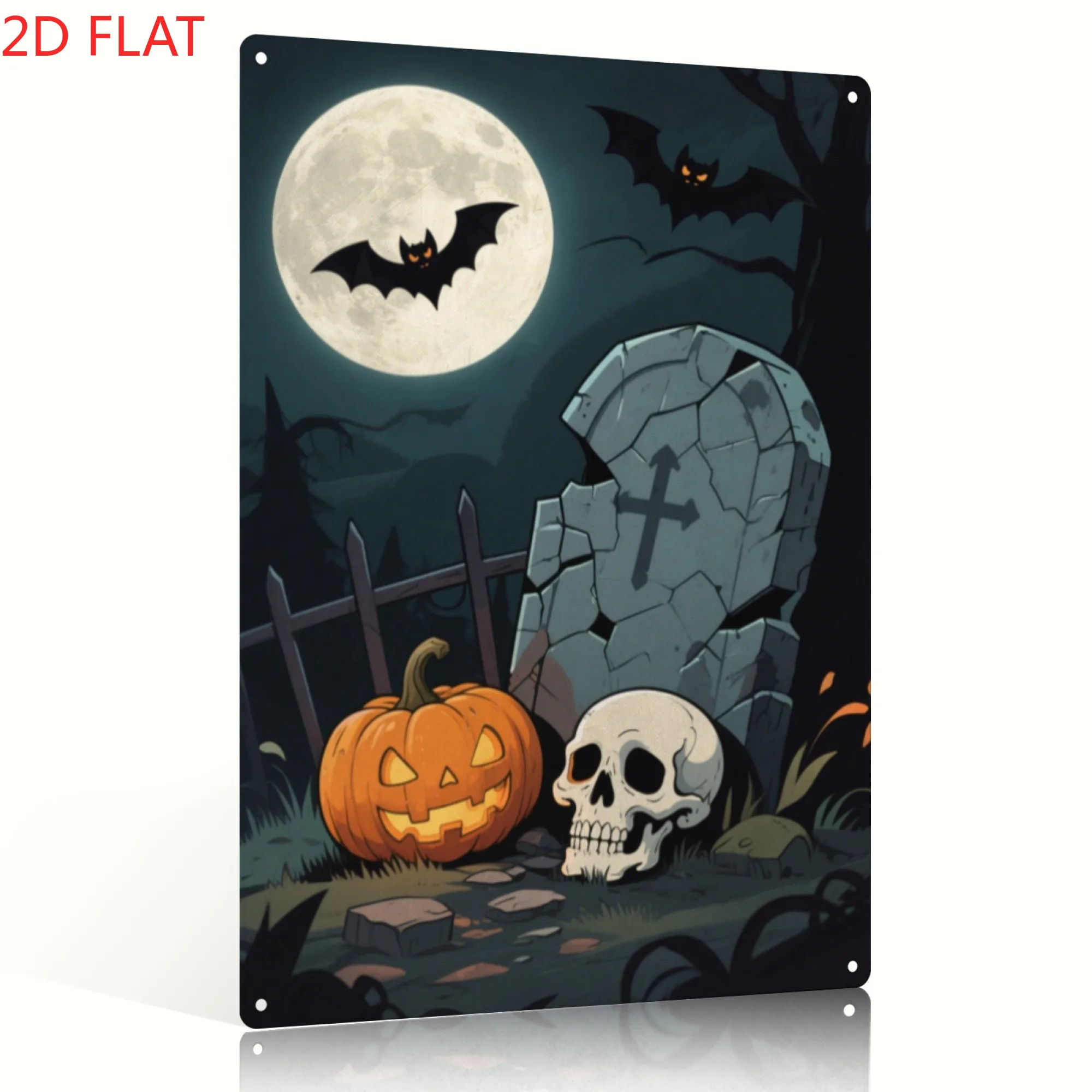 Gothic Metal Iron Halloween Wall Decor Sign - Spooky Graveyard Scene with Bats, Jack-O-Lanterns, Tombstones & Haunted House De