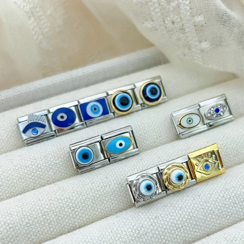 2025 Top Fashion Devil\'s Eye Cream Charm Italian Modular Links Fit 9mm Elastic Bracelet Stainless Steel Jewelry DIY Making