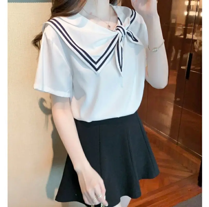 Women\'s Solid Color Summer 2024 New Preppy Style Commuter Sailor Collar England Bow Drawstring Loose Short Sleeved T-shirts Tops