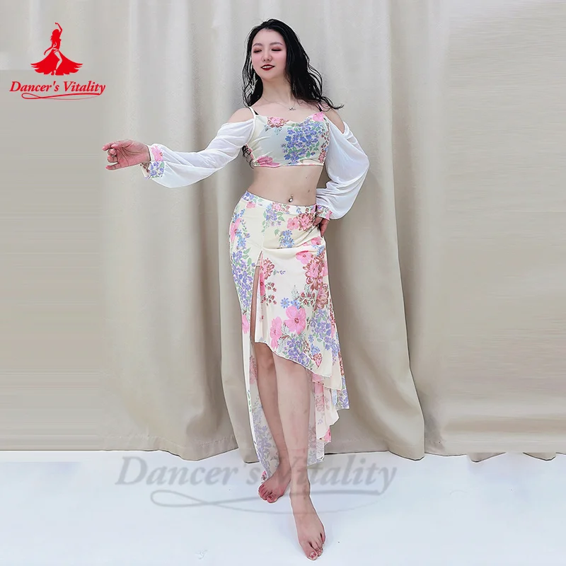 Belly Dance Practice Clothes for Women Chiffon Long Sleeves Top+printing Long Skirt 2pcs Adult Oriental Belly Dancing Outfit