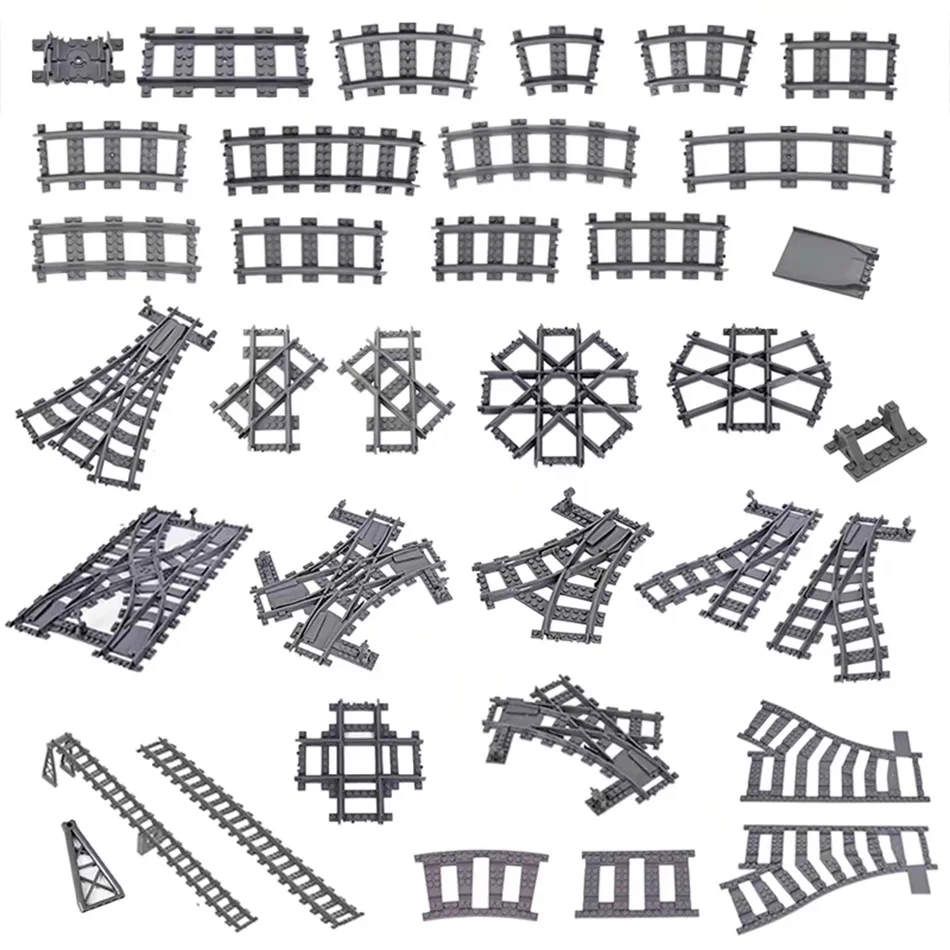 MOC City Train Flexible Tracks Straight Curved Forked Rails Building Blocks Switch Cross Tracks Bricks Railway Toys Accessories