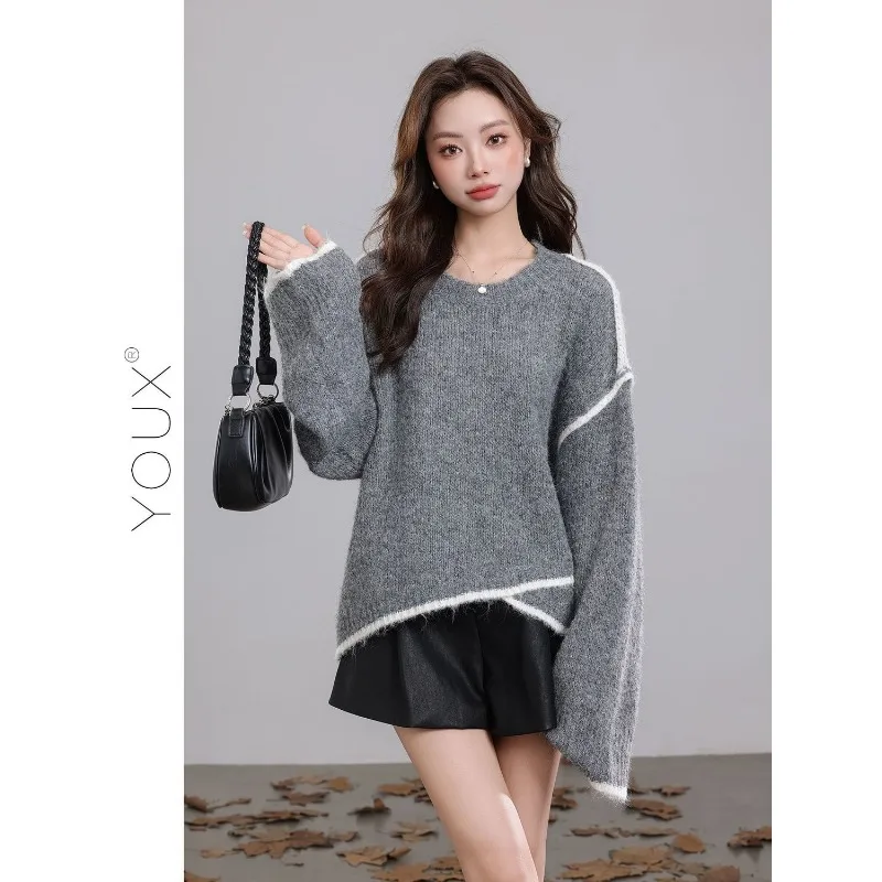 Серый свитер в ленивом стиле 2022, осень и зима, новый стиль, свободный дизайн, свитер нестандартного контрастного цвета, женские модные топы