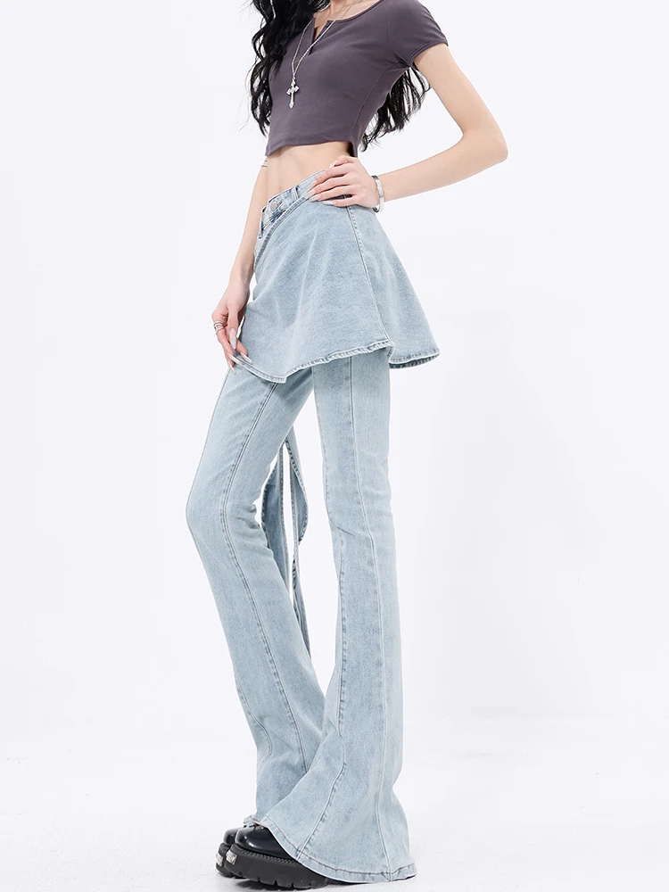 Spring and Autumn New Women's Pants, Fake Two Piece Stacked Elastic Cowboy Bellbottom Pants