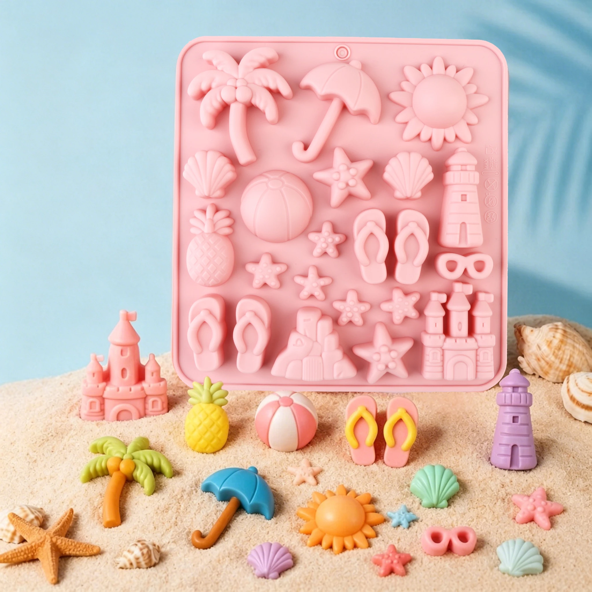 Moldes de Silicona con Temática de Fiesta en la Playa, Disponibles en una Variedad de Formas como Árboles, Chanclas, Castillos, Estrellas de Mar, etc., para Desbloquear Nuevas Experiencias de Repostería de Verano, Se Pueden Usar para Hornear Pasteles, Cho