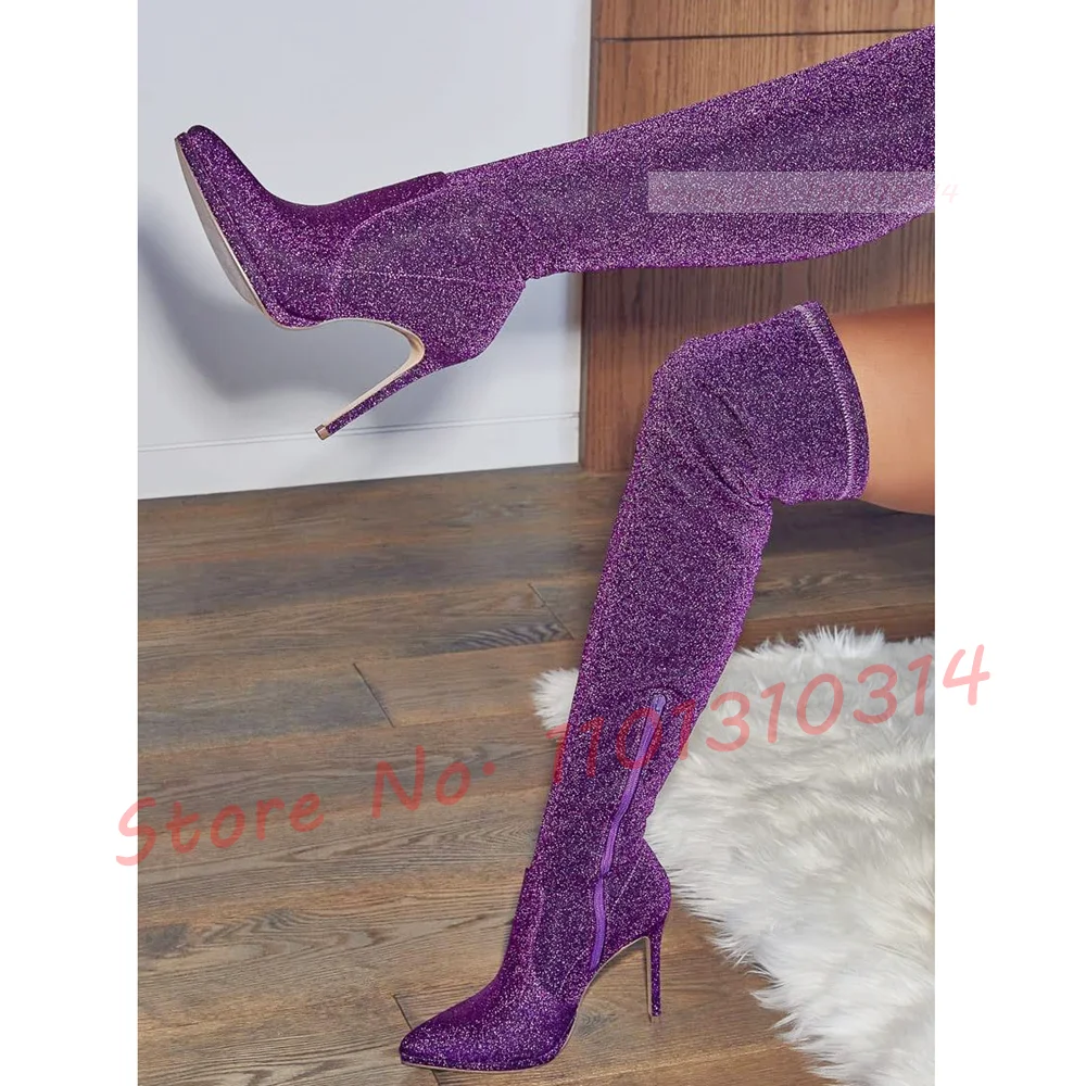 Purple Glitter Stretch Thigh Boots Women 2023 Bling Nightclub Streetwear High Heels Shoes Spring Female Design Pointy Long Boots